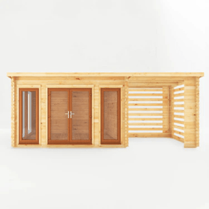 Wooden cabin with glass doors and windows on a white background