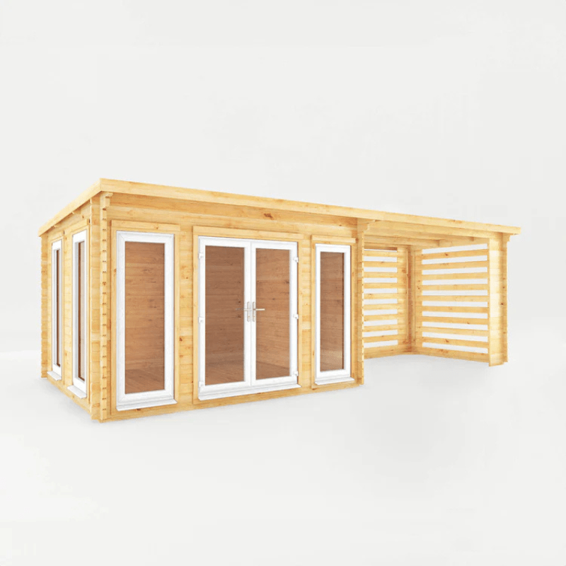 Wooden cabin with glass doors and windows on a white background