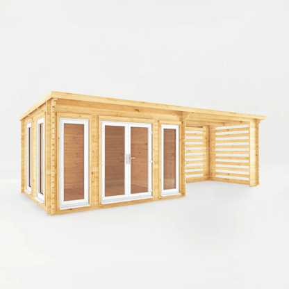 Wooden cabin with glass doors and windows on a white background
