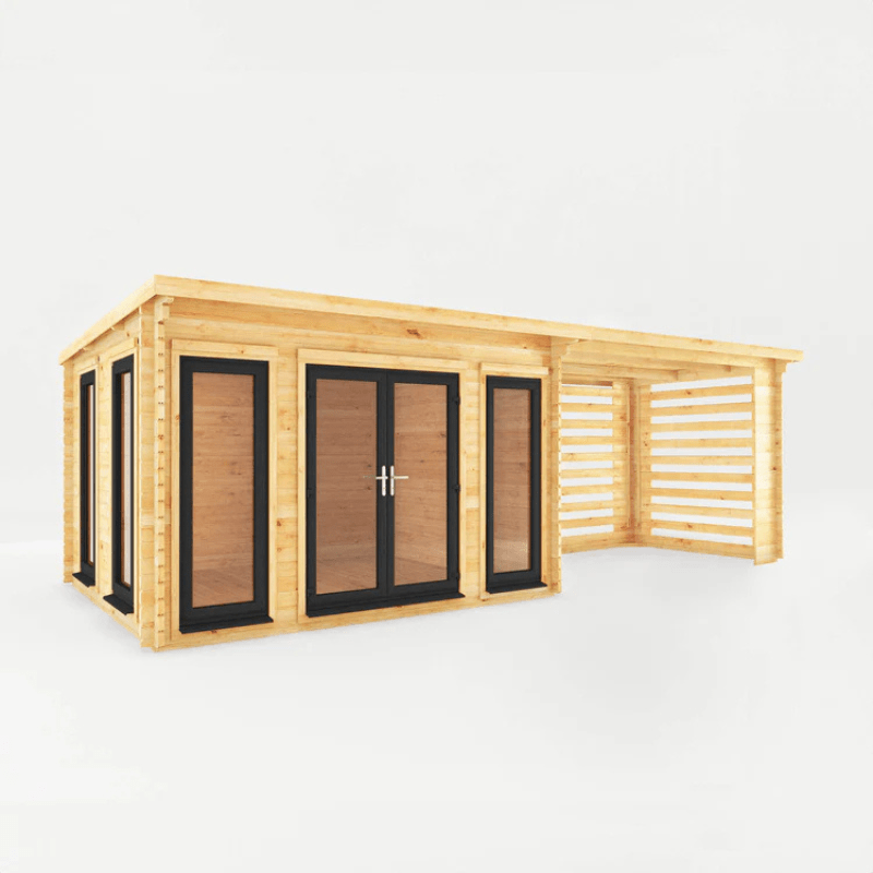 Wooden shed with black-framed windows on a white background