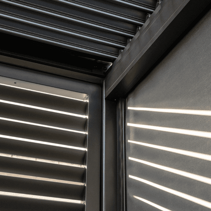 Maranza Manual Deluxe Louvered Pergola 3.5m x 3.6m with 4 Retractable Privacy Screens – Matte Grey Outdoor Shelter3