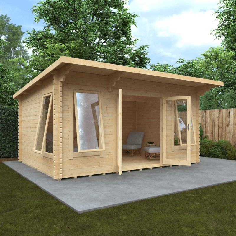 Wooden garden shed with patio area on a concrete slab, surrounded by greenery.