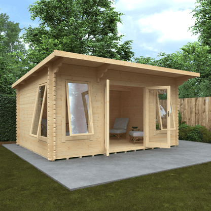 Wooden garden shed with patio area on a concrete slab, surrounded by greenery.