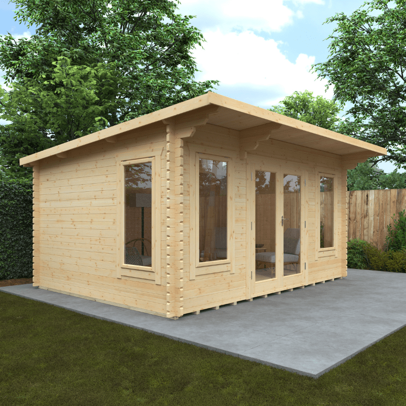 Wooden garden cabin with large windows on a concrete patio surrounded by greenery