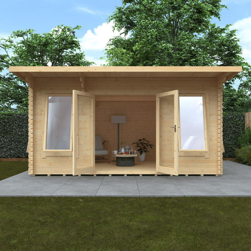 Wooden cabin with open doors on a grassy area with trees in the background