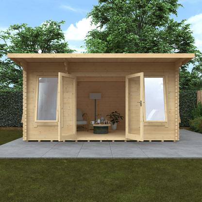 Wooden cabin with open doors on a grassy area with trees in the background