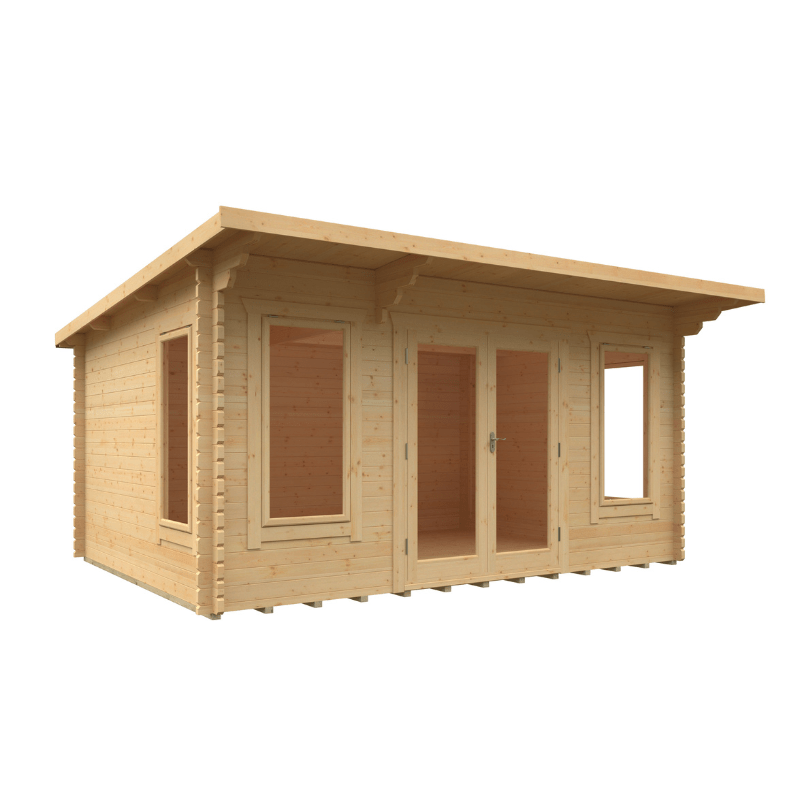Wooden cabin with a slanted roof on a white background