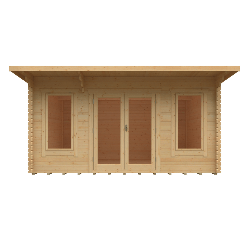 Wooden shed with a flat roof on a white background