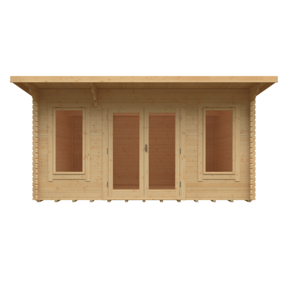 Wooden shed with a flat roof on a white background