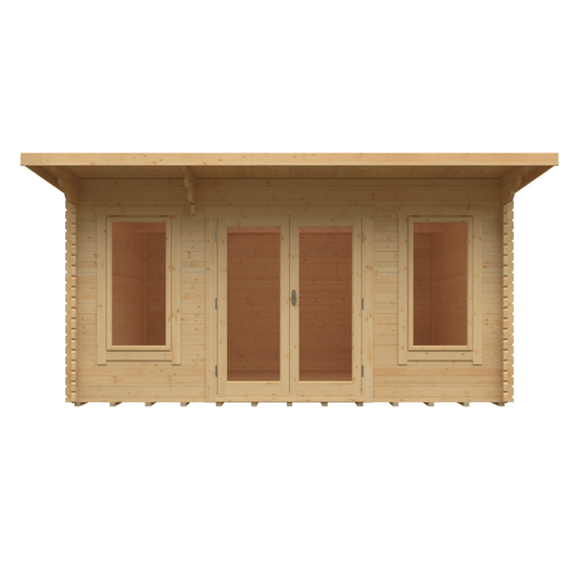 Wooden shed with a flat roof on a white background