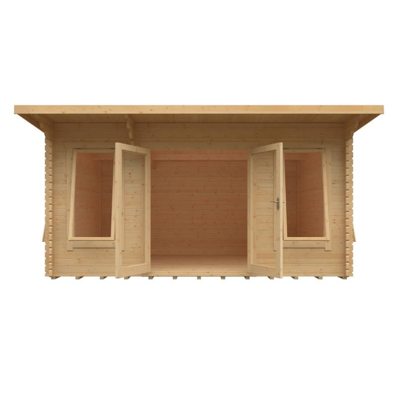 Wooden shed with open doors on a white background