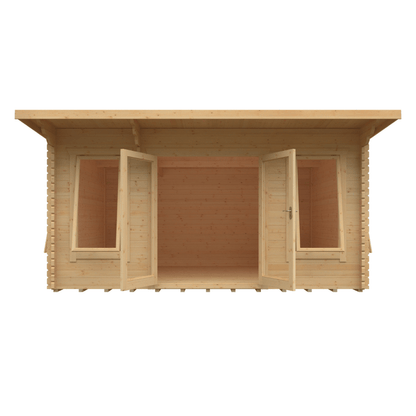 Wooden shed with open doors on a white background