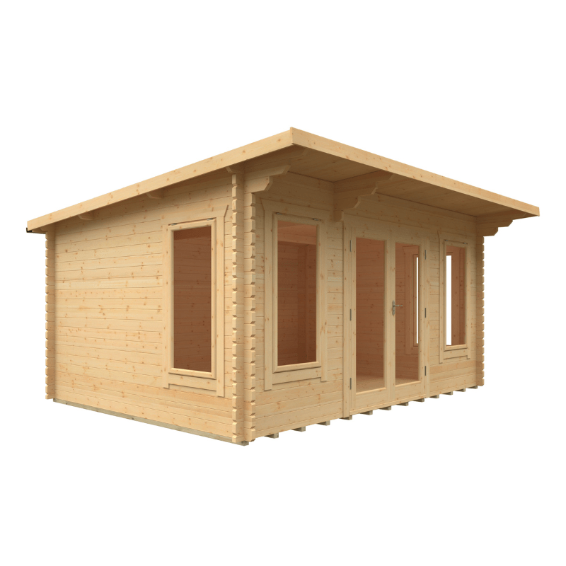 Wooden cabin with a gabled roof on a white background