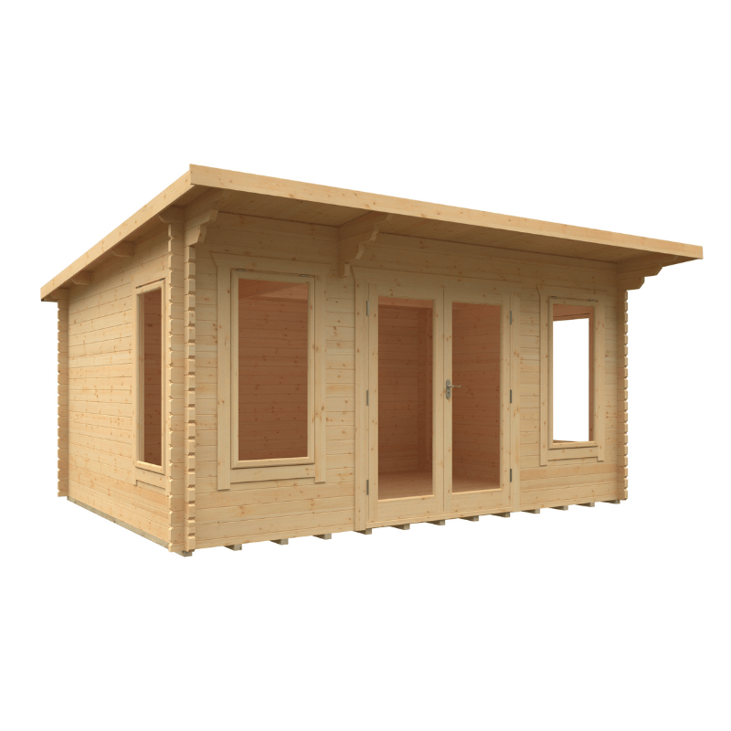 Wooden cabin with a slanted roof on a white background
