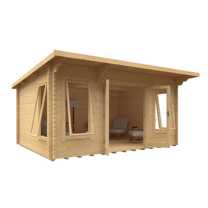 Wooden cabin with a clear view of the interior on a white background