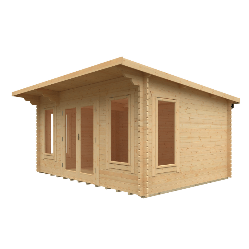 Wooden cabin with a slanted roof on a white background