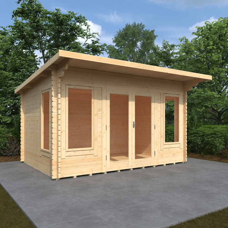 Wooden cabin with large windows on a concrete foundation surrounded by trees