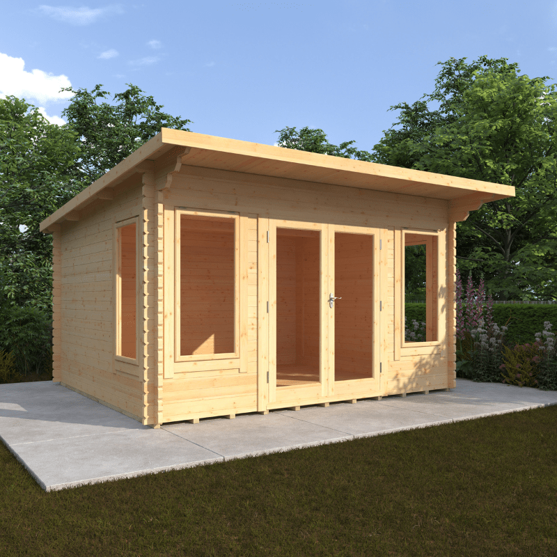 Wooden garden shed with a door and windows on a concrete slab with trees in the background