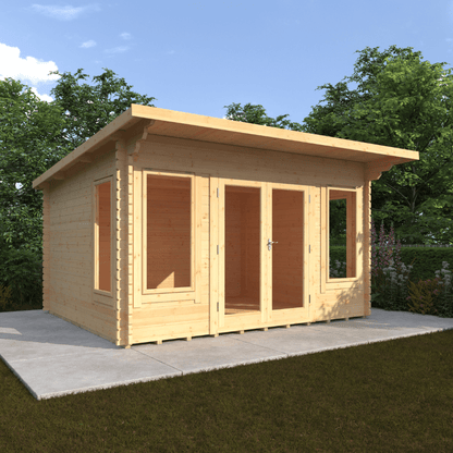 Wooden garden shed with a door and windows on a concrete slab with trees in the background