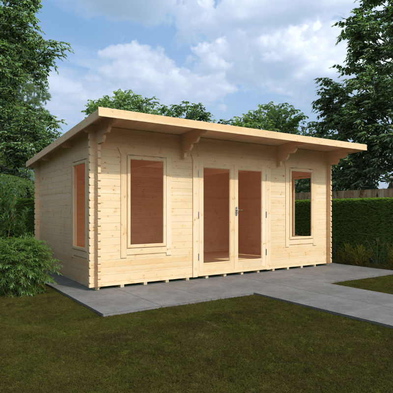 Wooden cabin with a flat roof in a garden setting