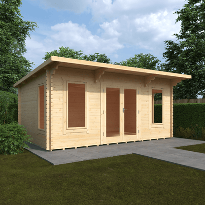 Wooden cabin with a flat roof in a garden setting