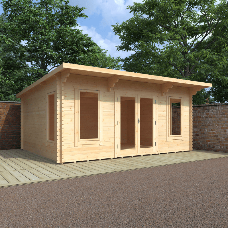 Wooden garden shed with a door and windows, set against a natural background with trees and a clear sky.