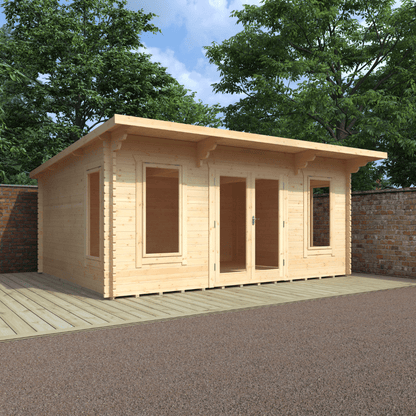 Wooden garden shed with a door and windows, set against a natural background with trees and a clear sky.