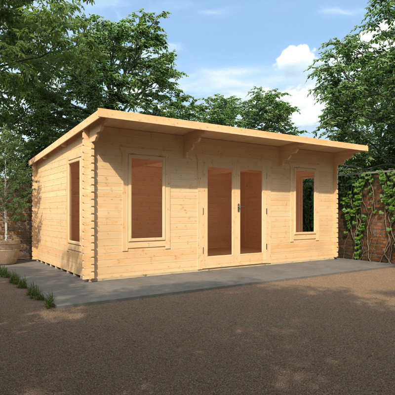 Wooden cabin with a flat roof in a garden setting
