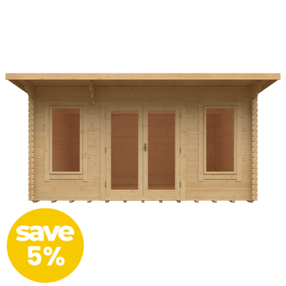 Wooden cabin with a 'save 5%' label on a white background