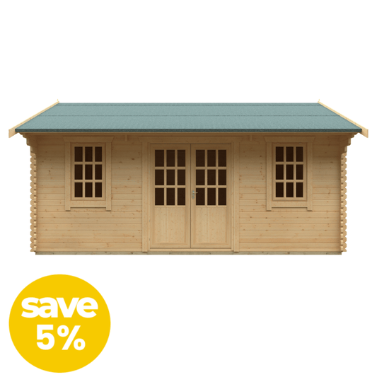 Wooden cabin with a green roof on a white background, featuring a 'save 5%' badge.