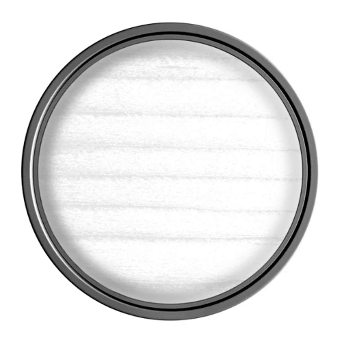 Round white light fixture with black rim on a white background