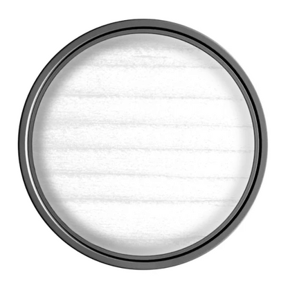 Round white light fixture with black rim on a white background