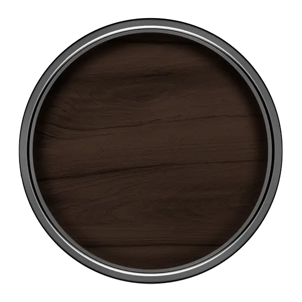 Close-up of a dark brown paint sample in a round container with a metallic rim.