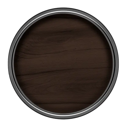 Close-up of a dark brown paint sample in a round container with a metallic rim.