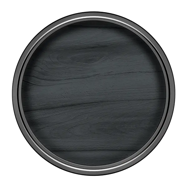 Round dark gray wooden coaster with a metallic rim on a white background