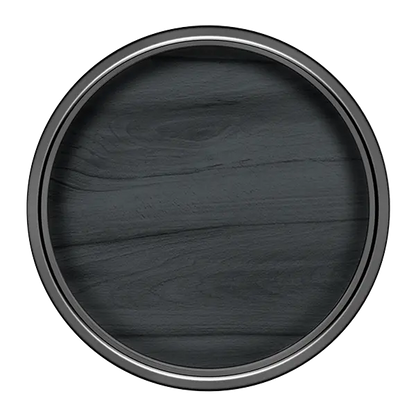 Round dark gray wooden coaster with a metallic rim on a white background