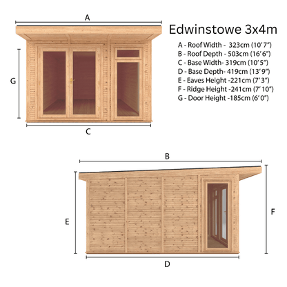 Dimensions of a wooden shed labeled 'Edwinstowe 3x4m' with clear measurements.
