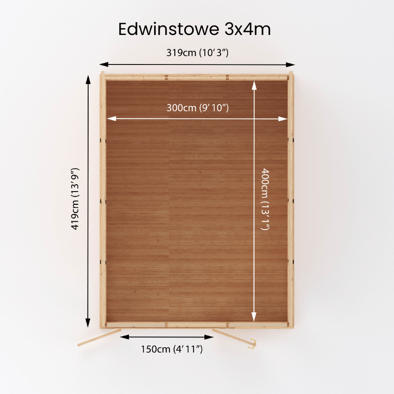 Wooden frame with dimensions labeled as 'Edwinstowe 3x4m' on a white background