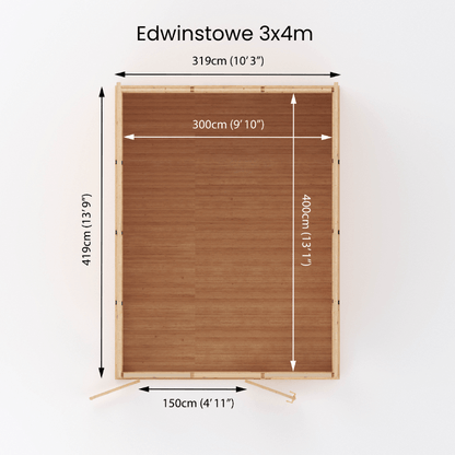 Wooden frame with dimensions labeled as 'Edwinstowe 3x4m' on a white background