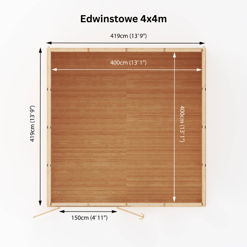 Measurement chart of a wooden structure labeled 'Edwinstowe 4x4m' with dimensions in centimeters and feet.