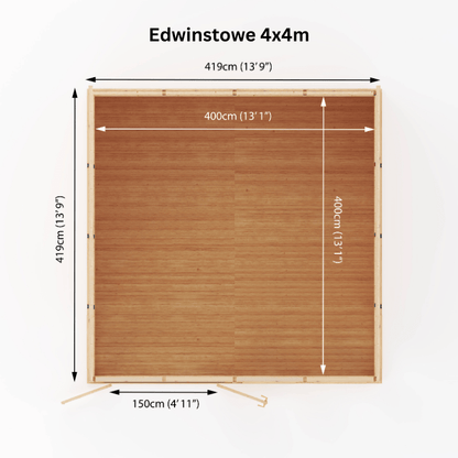 Measurement chart of a wooden structure labeled 'Edwinstowe 4x4m' with dimensions in centimeters and feet.
