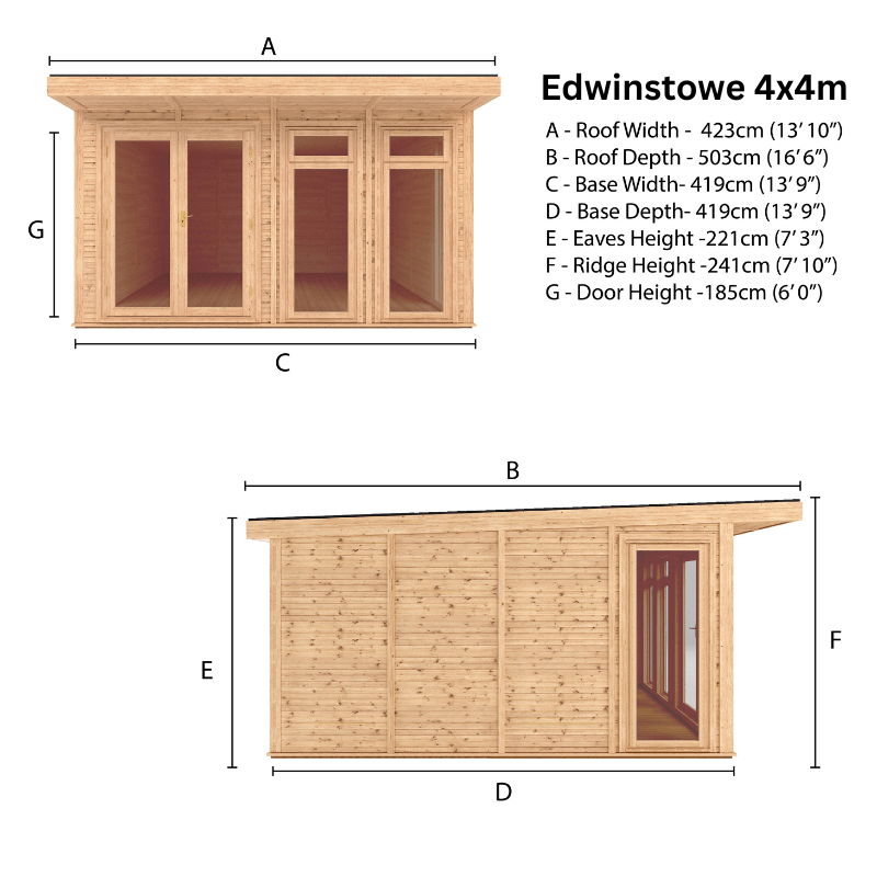 Dimensions of a wooden shed labeled 'Edwinstowe 4x4m' with clear labels for each measurement.