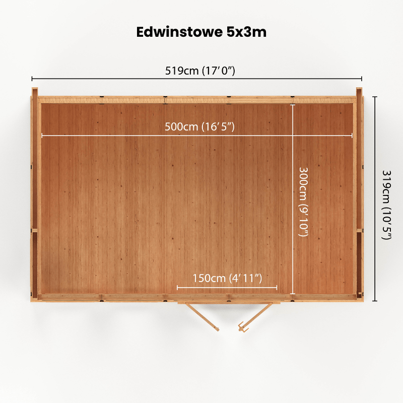 Measurement chart of a wooden floor mat labeled 'Edwinstowe 5x3m' with dimensions on a white background.