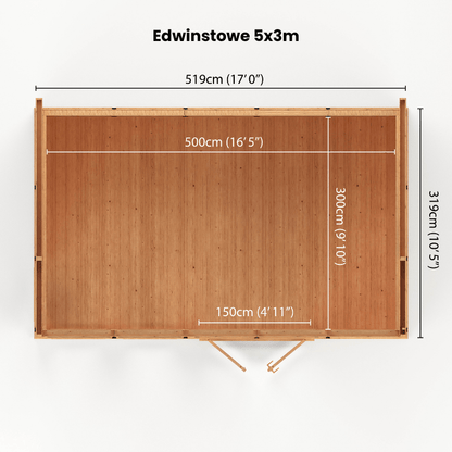 Measurement chart of a wooden floor mat labeled 'Edwinstowe 5x3m' with dimensions on a white background.
