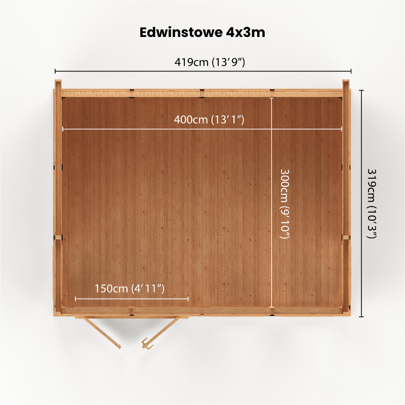 Wooden shed with dimensions labeled on a white background