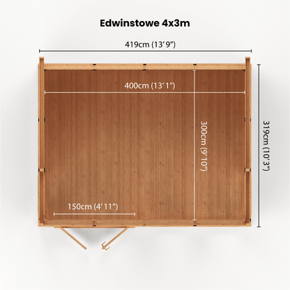 Wooden shed with dimensions labeled on a white background