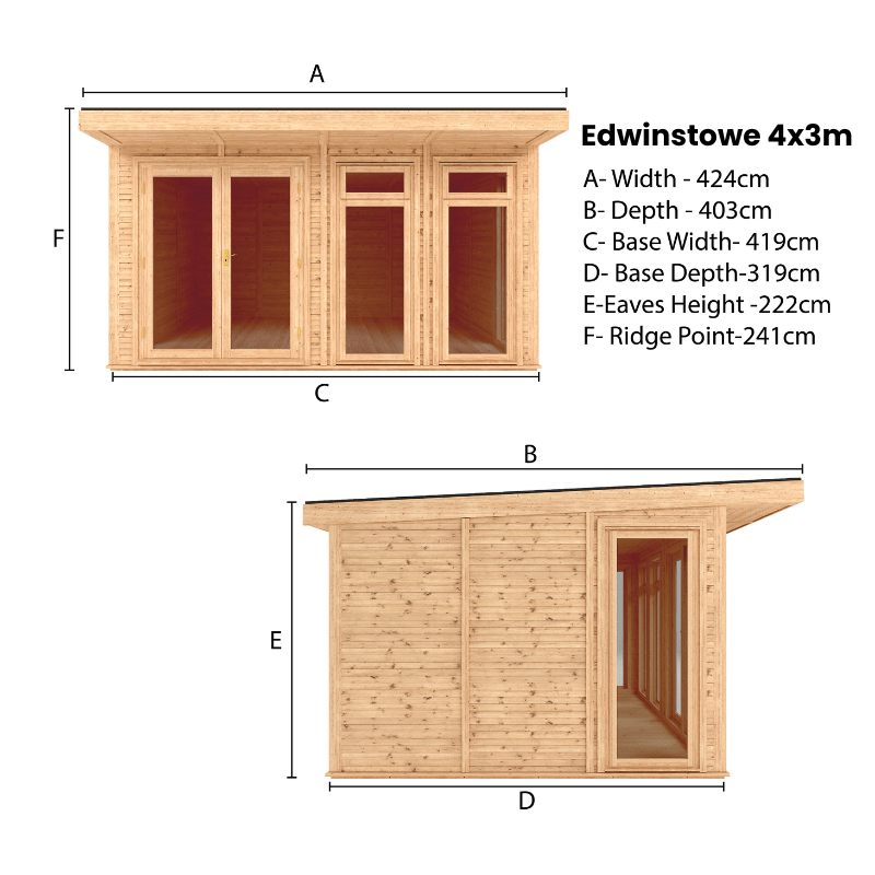 Dimensions of a wooden shed labeled 'Edwinstowe 4x3m' with clear measurements.
