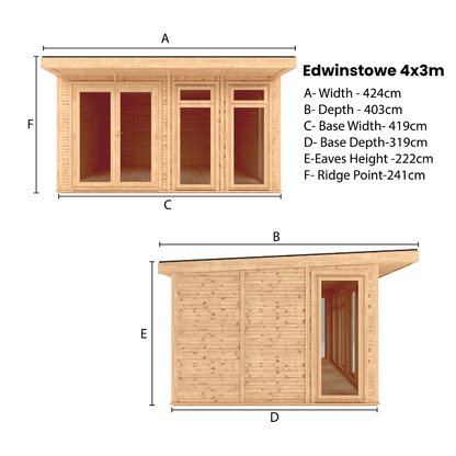 Dimensions of a wooden shed labeled 'Edwinstowe 4x3m' with clear measurements.
