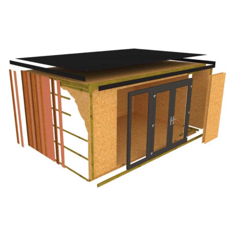 Wooden storage shed with a black roof on a white background