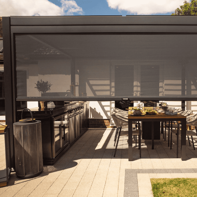 Maranza Manual Deluxe Louvered Pergola 3.5m x 3.6m with 4 Retractable Privacy Screens – Matte Grey Outdoor Shelter3